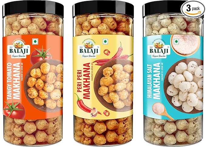 Lali Balaji Super Snacks Makhana 270g (Tangy Tomato, 90g) (Peri Peri, 90g) (Himalayan Salt, 90g)