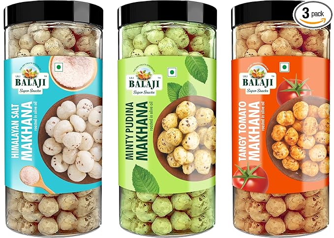 Lali Balaji Super Snacks Makhana 270g (Himalayan Salt, 90g) (Minty Pudina, 90g) (Tangy Tomato, 90g)