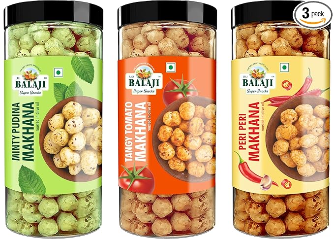 Lali Balaji Super Snacks Makhana 270g (Minty Pudina, 90g) (Tangy Tomato, 90g) (Peri Peri, 90g)